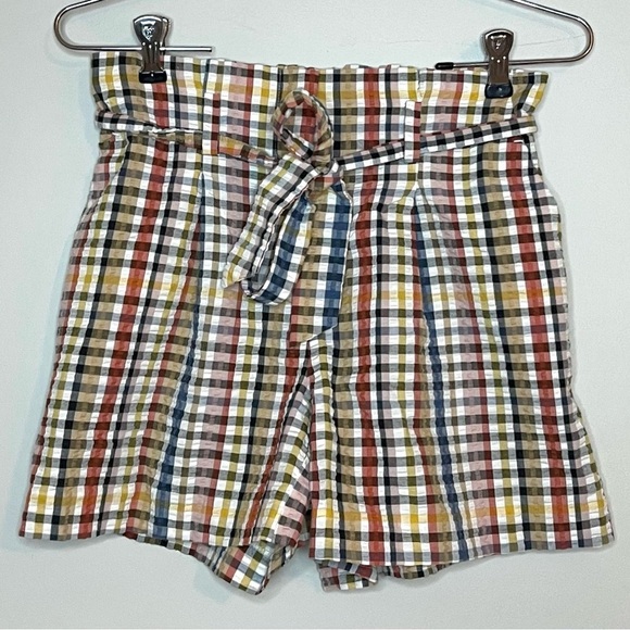 Ann Taylor Loft Crinkle Plaid Paperbag Tie Waist High Rise Shorts Sz XS - Picture 1 of 5